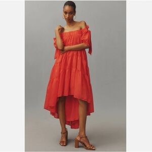 Anthropologie Off-The-Shoulder Tiered High-Low Midi Dress Sz Sm